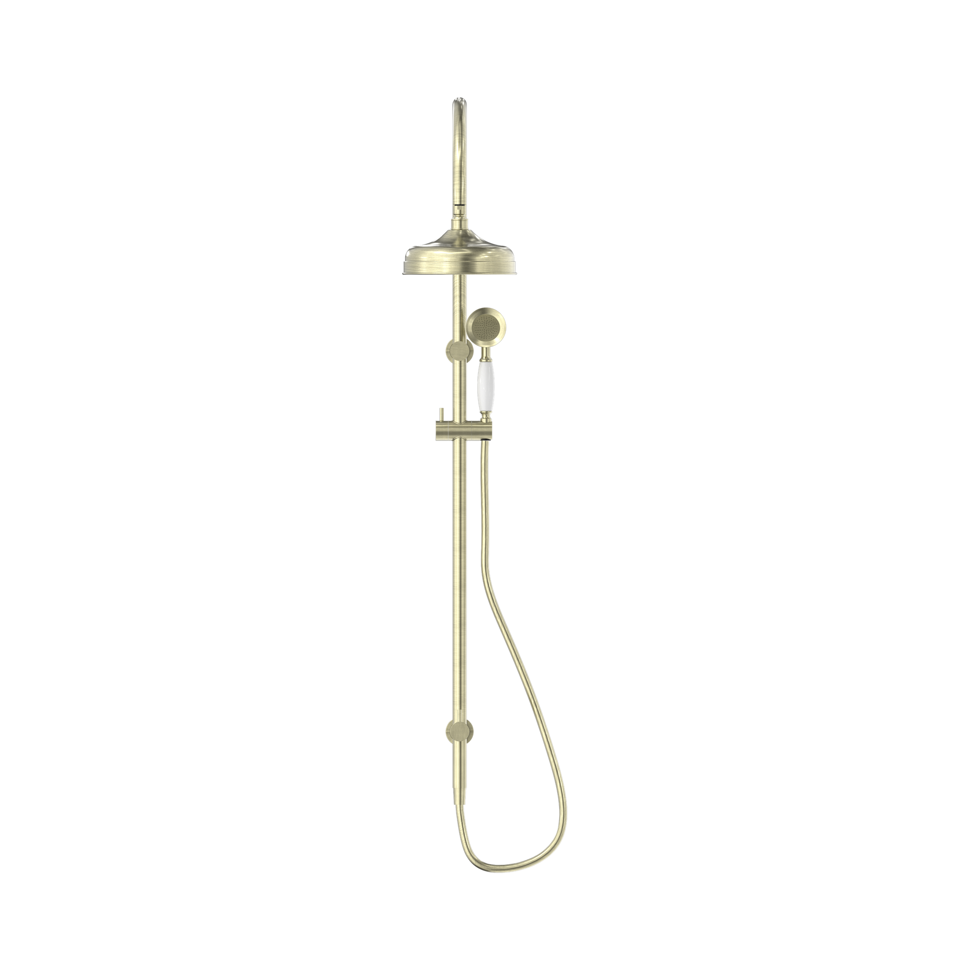 Nero York Twin Shower With White Porcelain Hand Shower Aged Brass