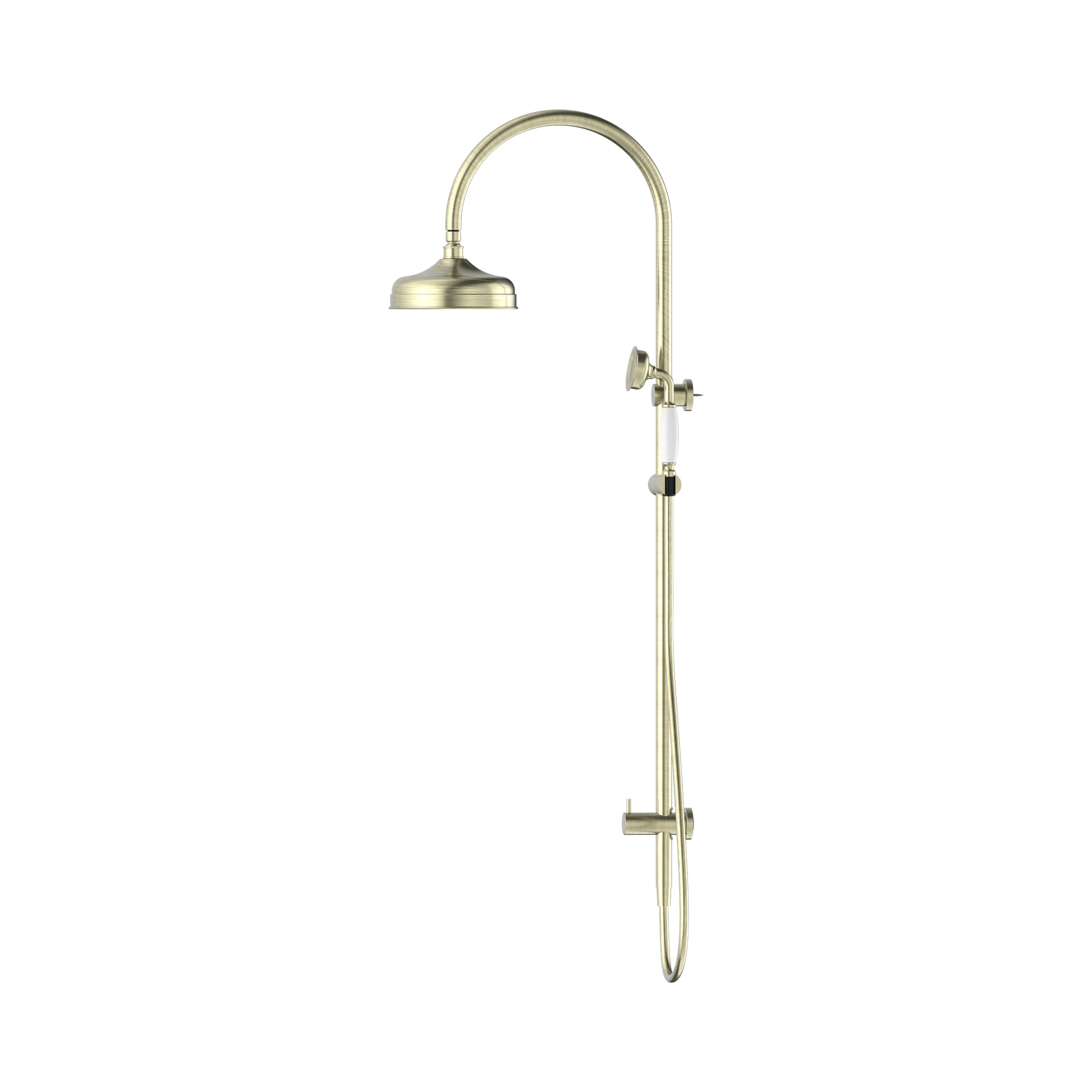 Nero York Twin Shower With White Porcelain Hand Shower Aged Brass