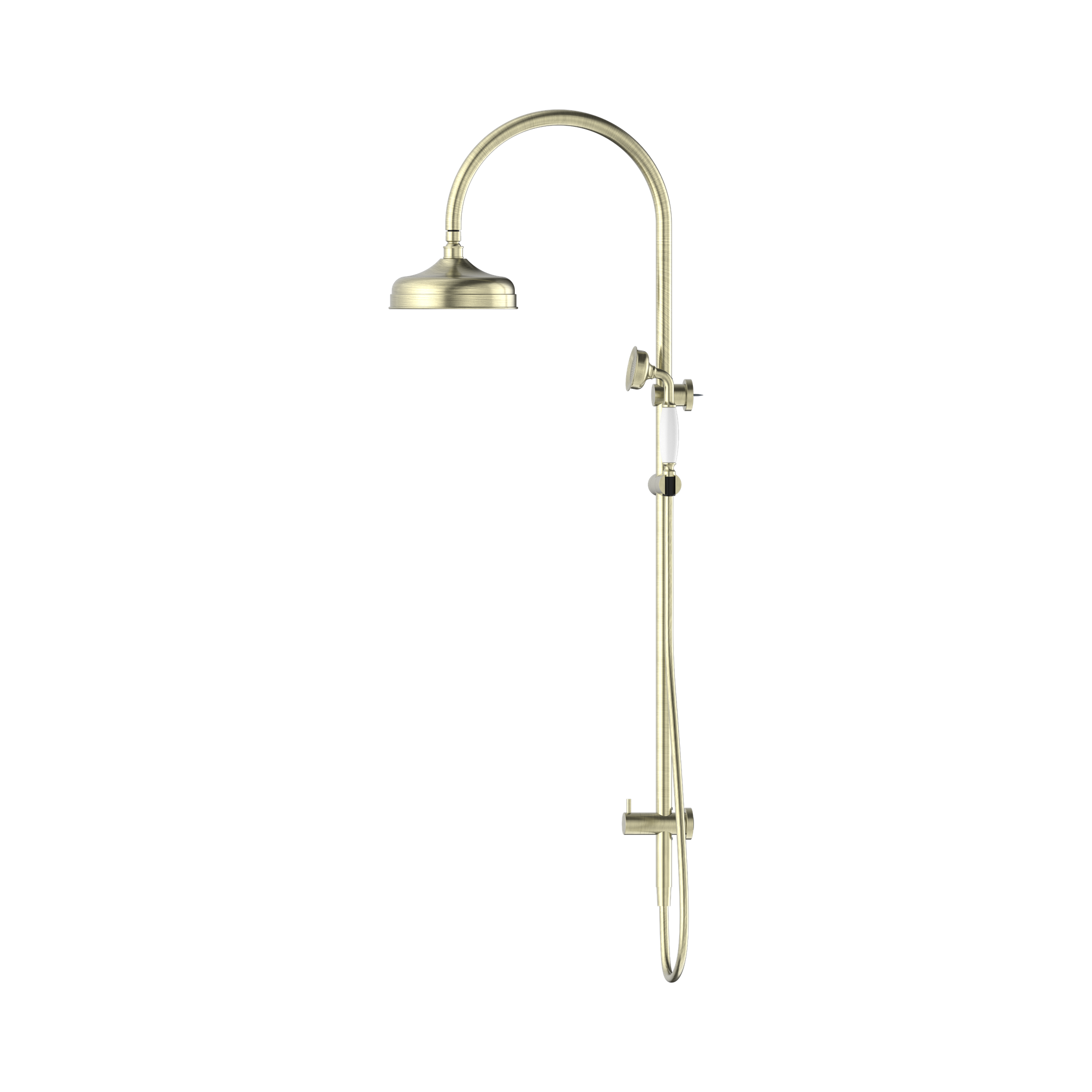 Nero York Twin Shower With White Porcelain Hand Shower Aged Brass