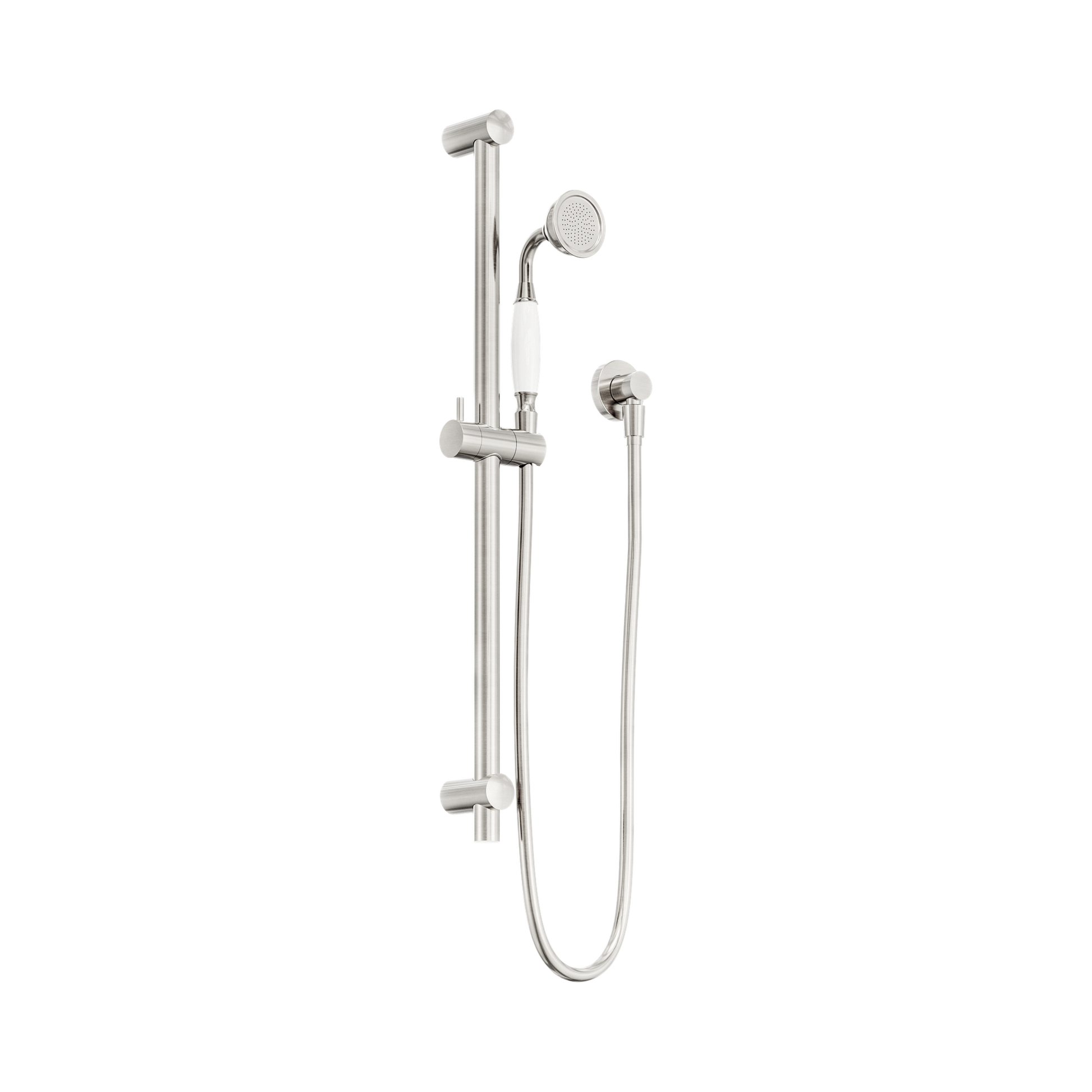 Nero York Shower Rail With White Porcelain Hand Shower, Brushed Nickel
