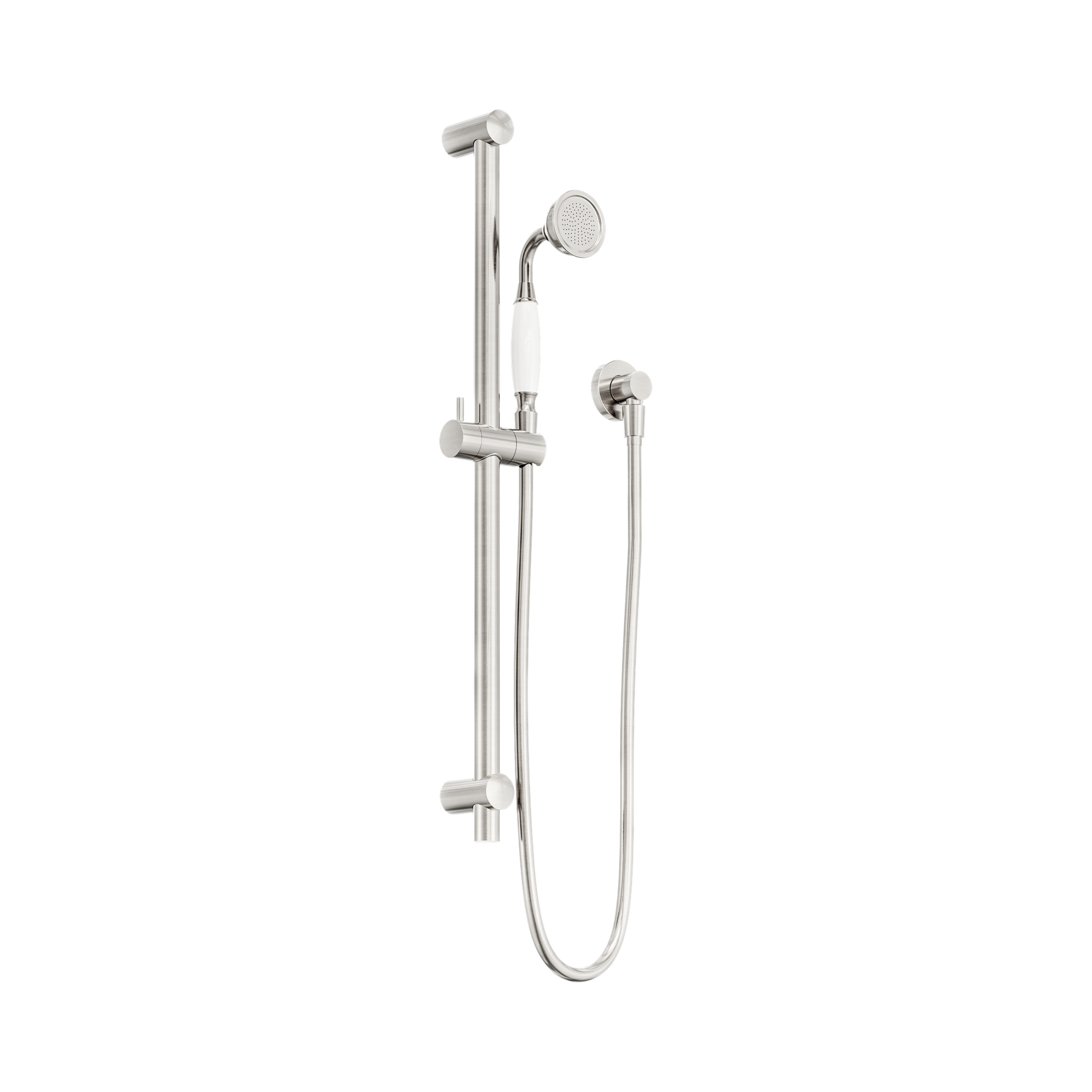 Nero York Shower Rail With White Porcelain Hand Shower, Brushed Nickel