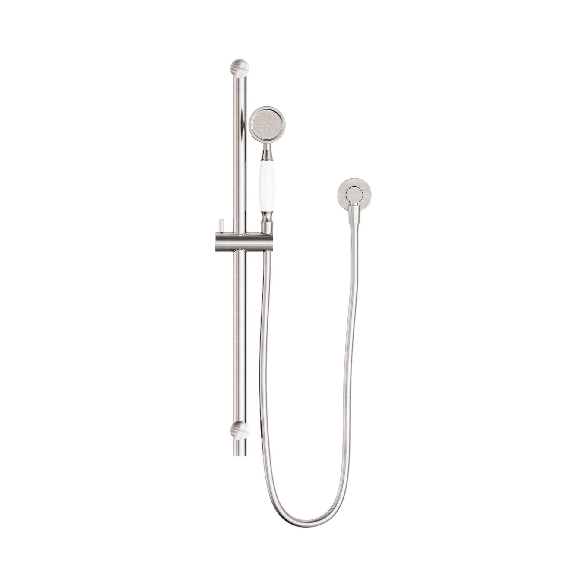 Nero York Shower Rail With White Porcelain Hand Shower, Brushed Nickel