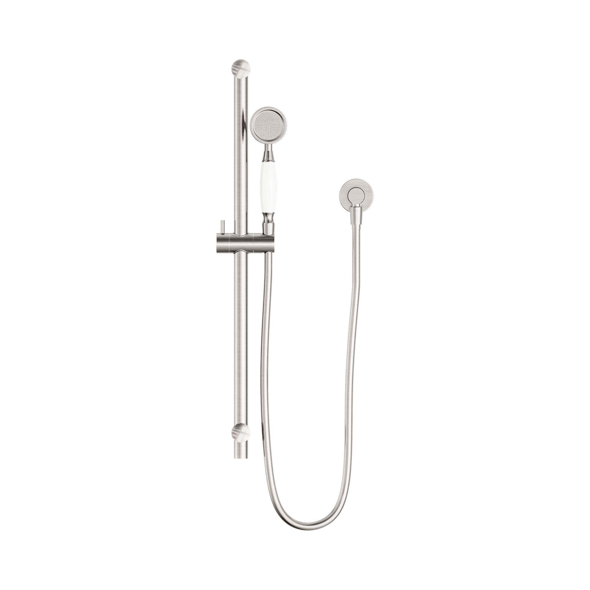 Nero York Shower Rail With White Porcelain Hand Shower, Brushed Nickel