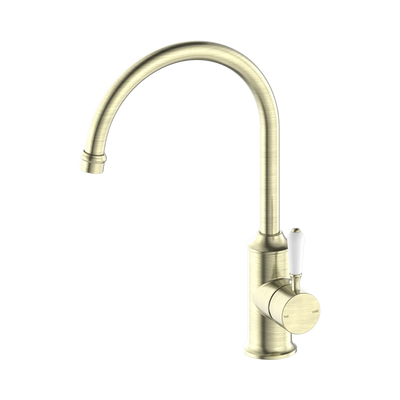 Nero York Kitchen Mixer Gooseneck Spout With White Porcelain Lever, Aged Brass