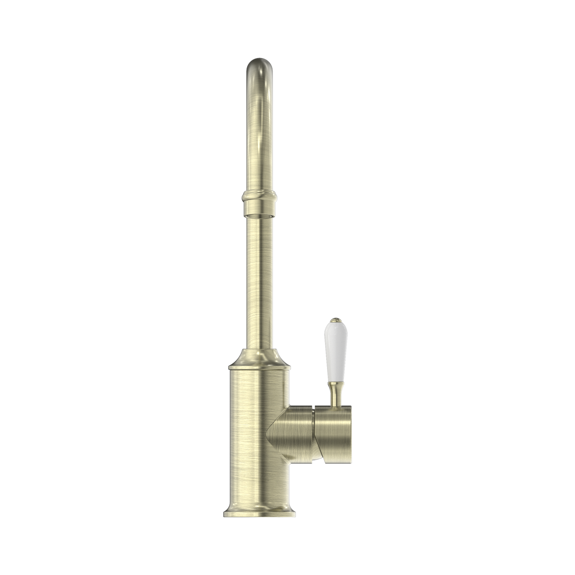 Nero York Kitchen Mixer Gooseneck Spout With White Porcelain Lever Aged Brass