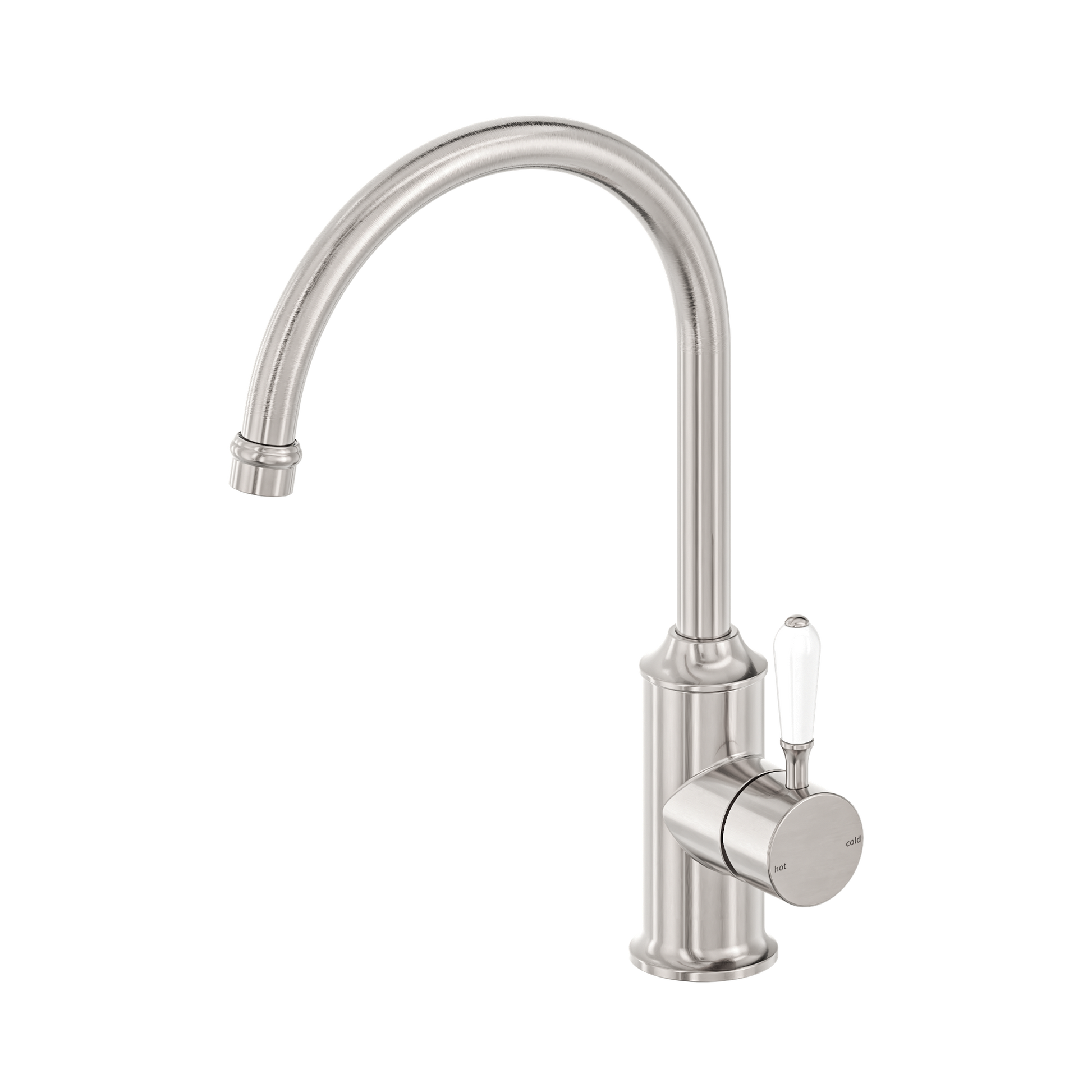Nero York Kitchen Mixer Gooseneck Spout With White Porcelain Lever, Brushed Nickel