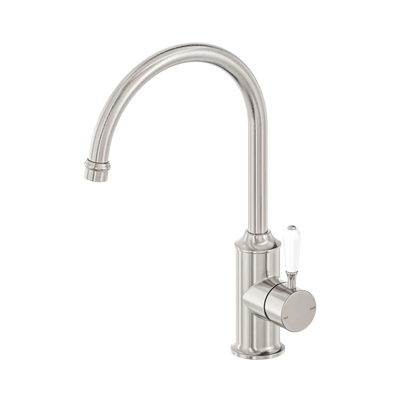 Nero York Kitchen Mixer Gooseneck Spout With White Porcelain Lever, Brushed Nickel