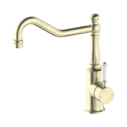 Nero York Kitchen Mixer Hook Spout With White Porcelain Lever Aged Brass