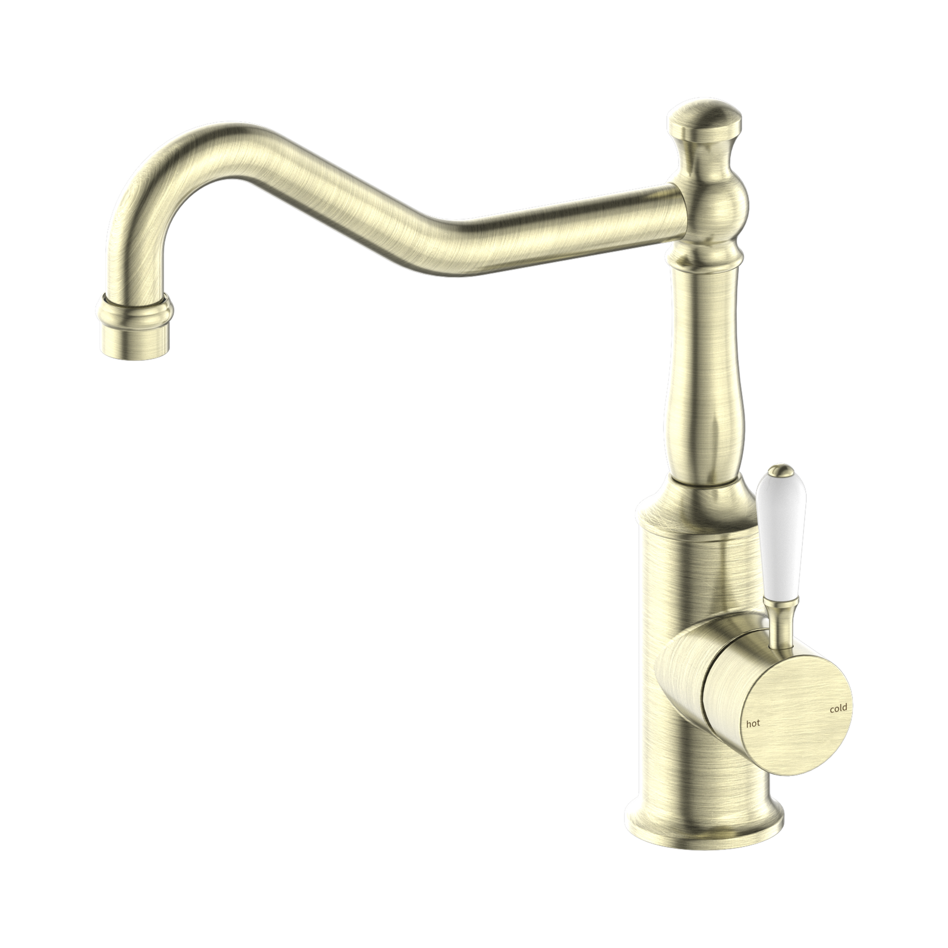 Nero York Kitchen Mixer Hook Spout With White Porcelain Lever Aged Brass