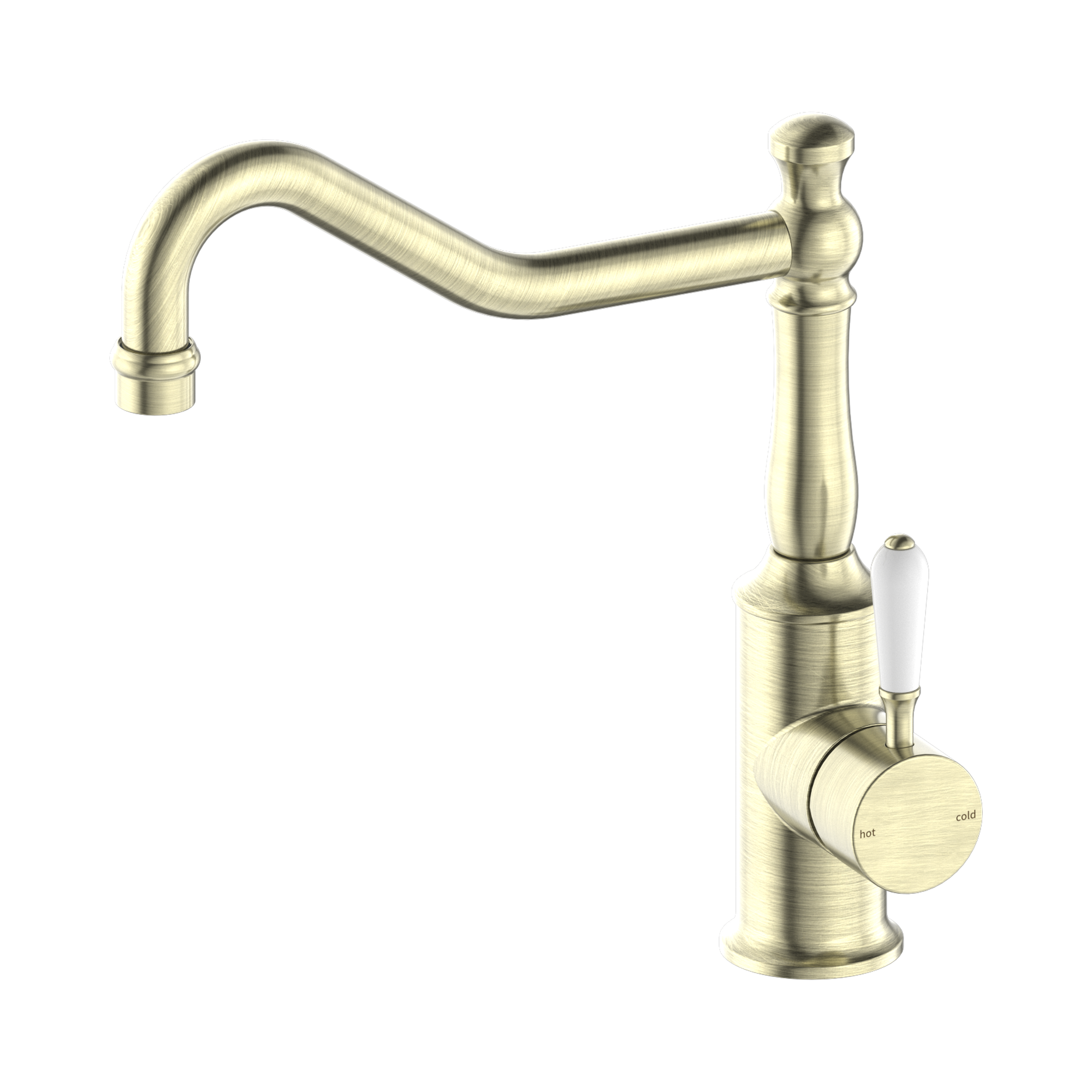 Nero York Kitchen Mixer Hook Spout With White Porcelain Lever Aged Brass
