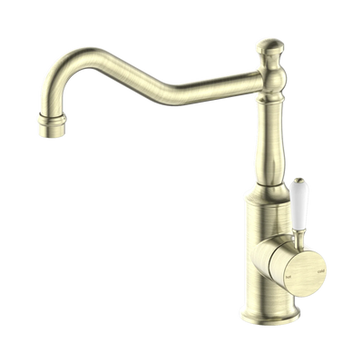Nero York Kitchen Mixer Hook Spout With White Porcelain Lever, Aged Brass