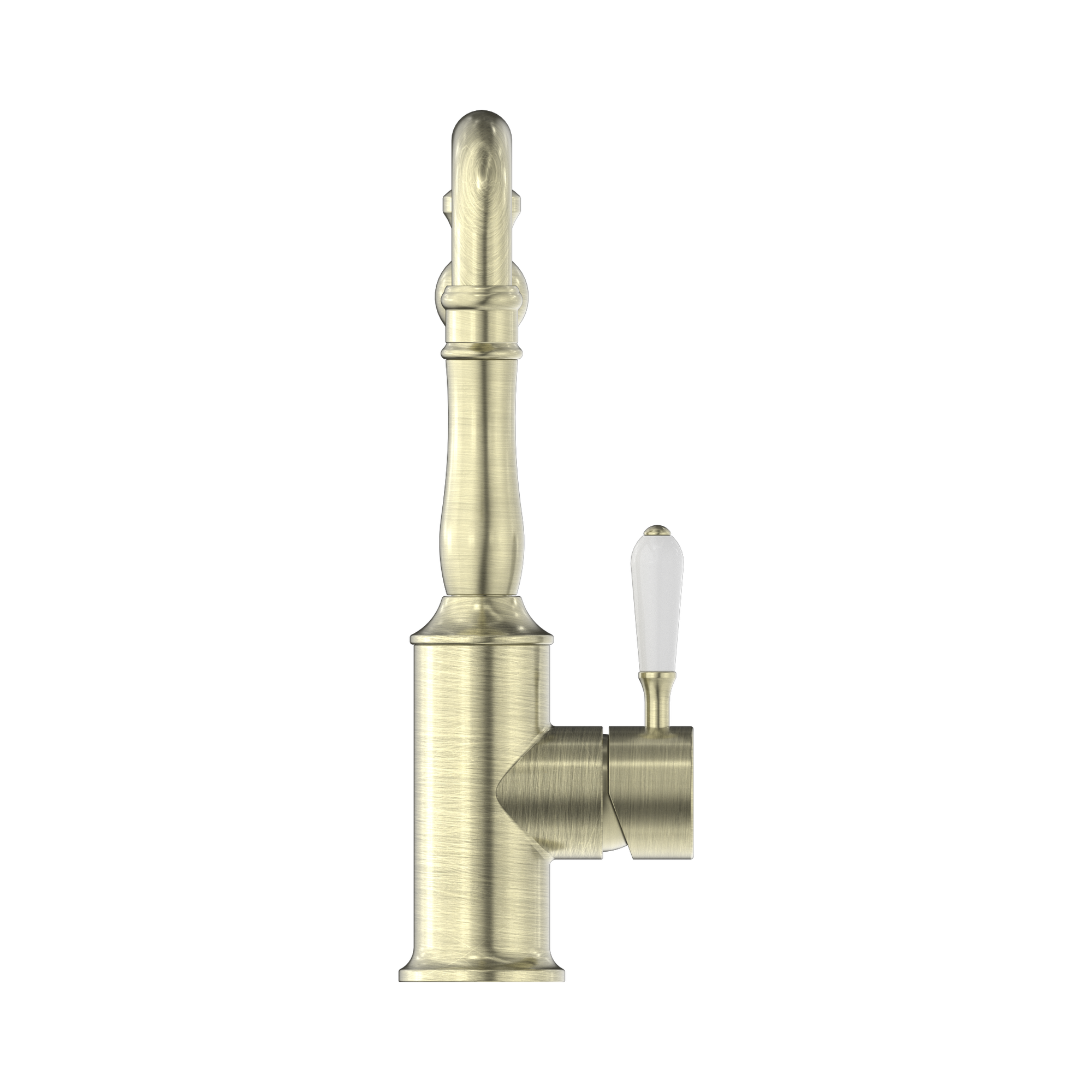 Nero York Kitchen Mixer Hook Spout With White Porcelain Lever Aged Brass