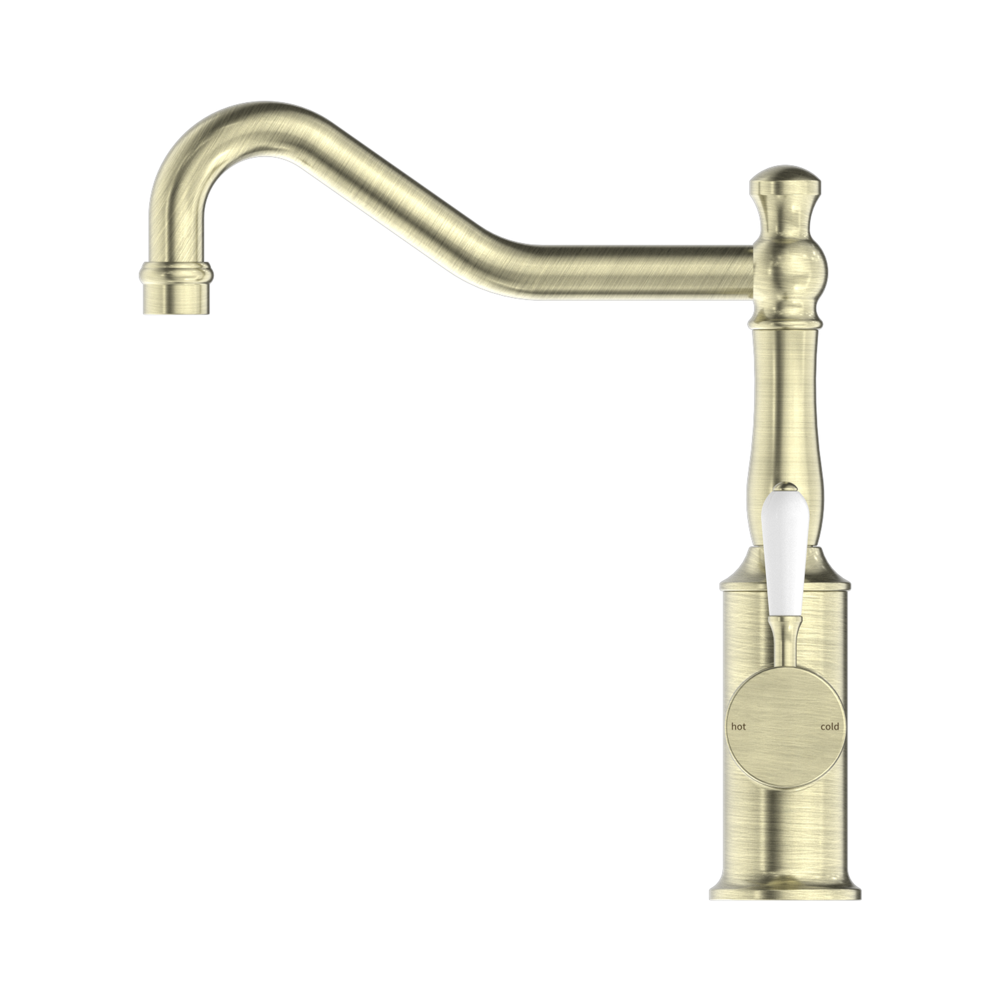Nero York Kitchen Mixer Hook Spout With White Porcelain Lever Aged Brass