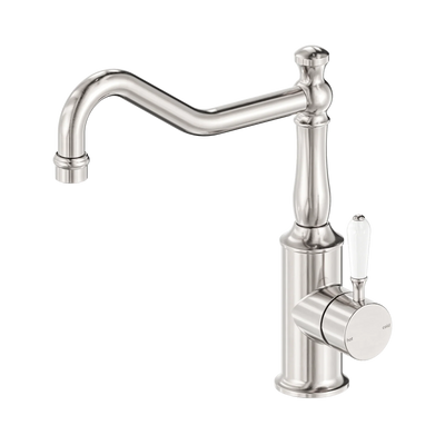 Nero York Kitchen Mixer Hook Spout With White Porcelain Lever, Brushed Nickel