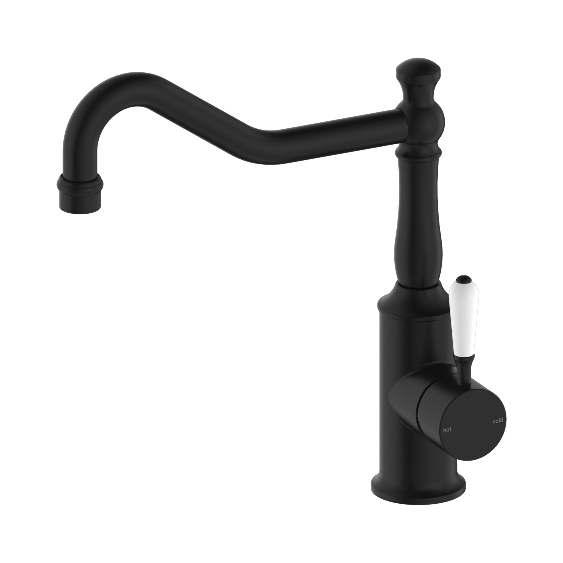 Nero York Kitchen Mixer Hook Spout With White Porcelain Lever, Matte Black