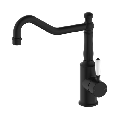 Nero York Kitchen Mixer Hook Spout With White Porcelain Lever, Matte Black