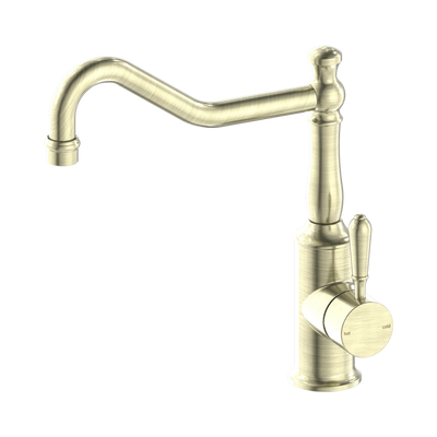 Nero York Kitchen Mixer Hook Spout With Metal Lever, Aged Brass