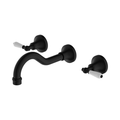 Nero York Wall Basin Set With White Porcelain Lever, Matte Black