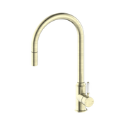 Nero York Pull Out Sink Mixer With Vegie Spray Function With White Porcelain Lever Aged Brass