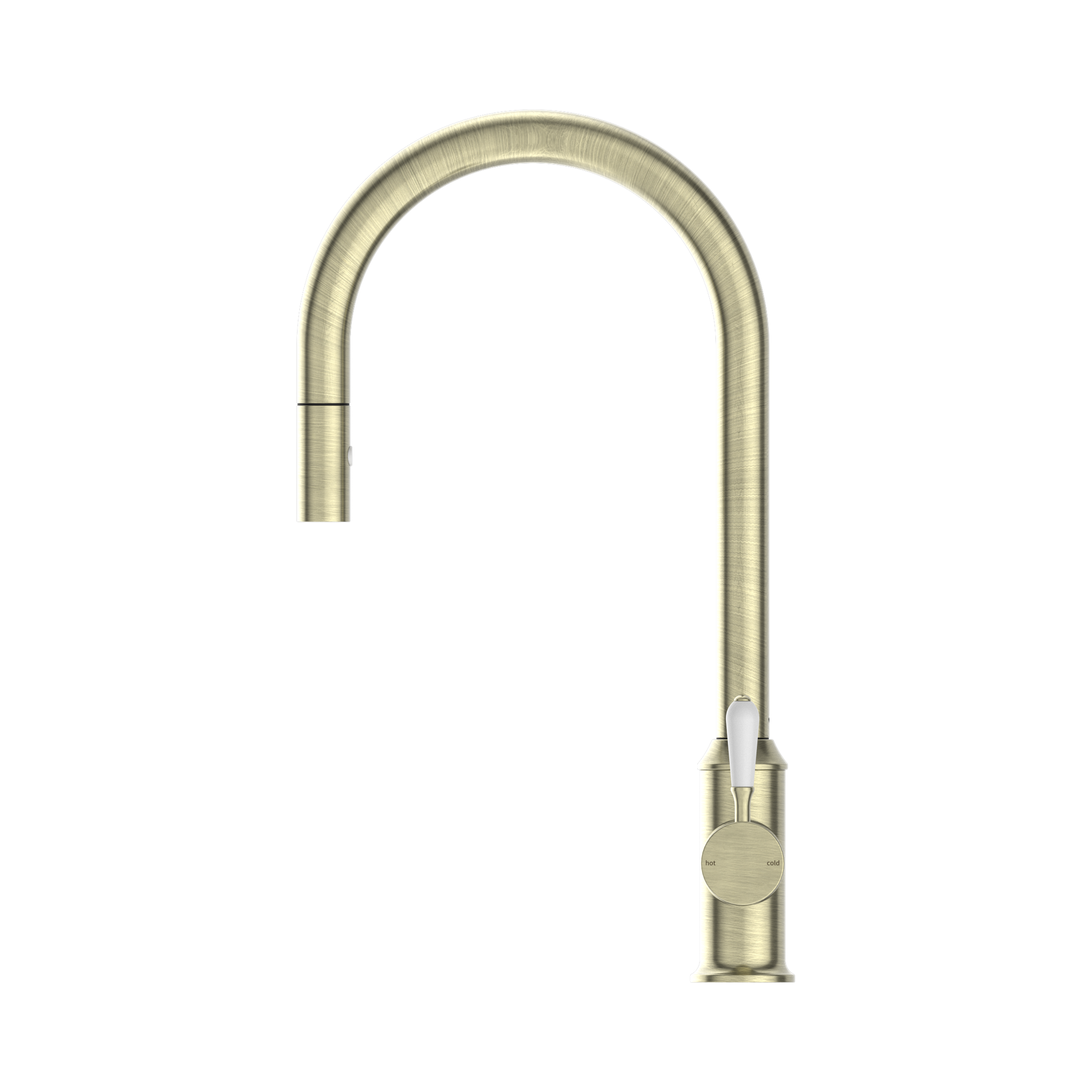 Nero York Pull Out Sink Mixer With Vegie Spray Function With White Porcelain Lever Aged Brass