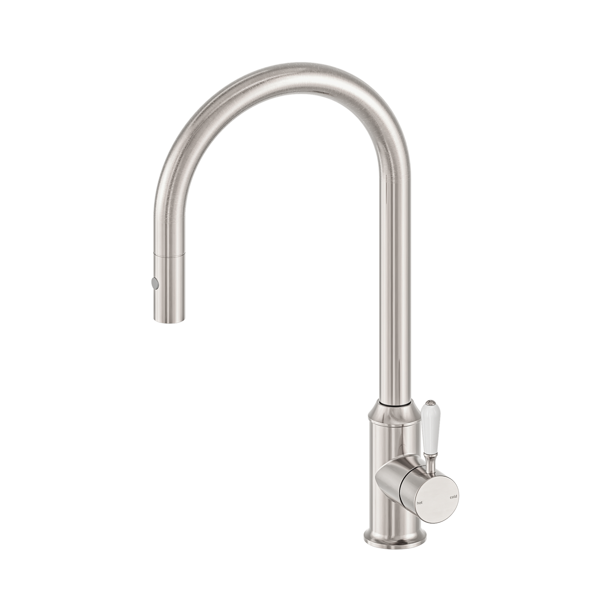 Nero York Pull Out Sink Mixer With Vegie Spray Function With White Porcelain Lever, Brushed Nickel