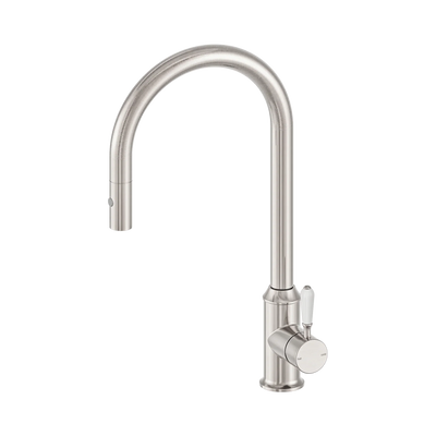 Nero York Pull Out Sink Mixer With Vegie Spray Function With White Porcelain Lever, Brushed Nickel