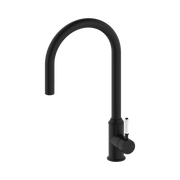 Nero York Pull Out Sink Mixer With Vegie Spray Function With White Porcelain Lever, Matte Black