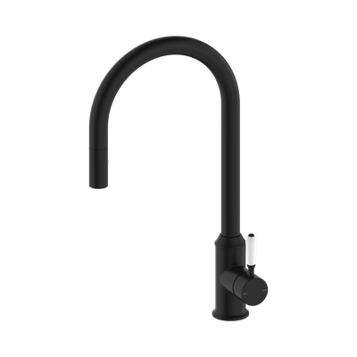 Nero York Pull Out Sink Mixer With Vegie Spray Function With White Porcelain Lever, Matte Black