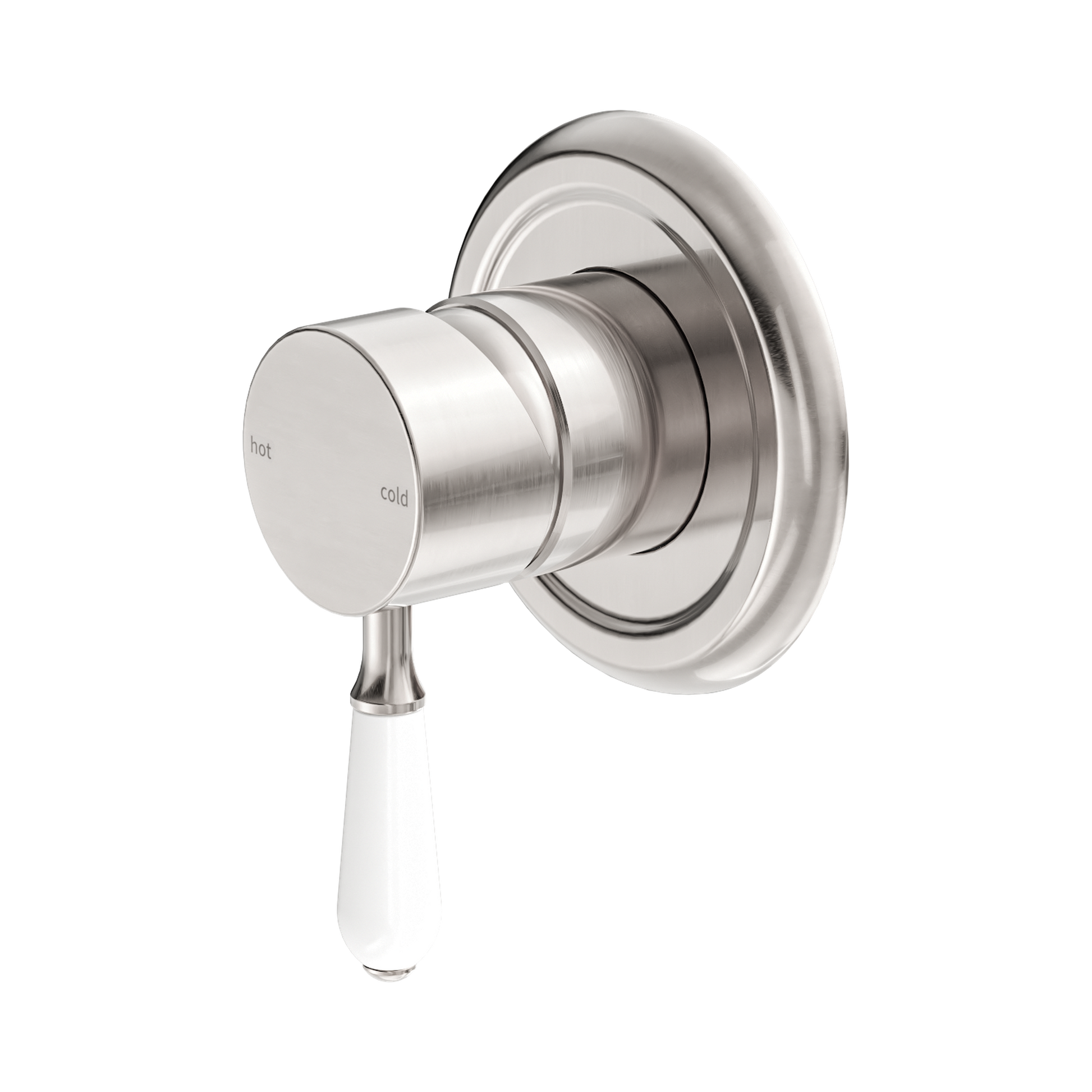 Nero York Wall/Shower Mixer With White Porcelain Lever, Brushed Nickel