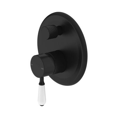 Nero York Shower Mixer With Diverter With White Porcelain Lever, Matte Black