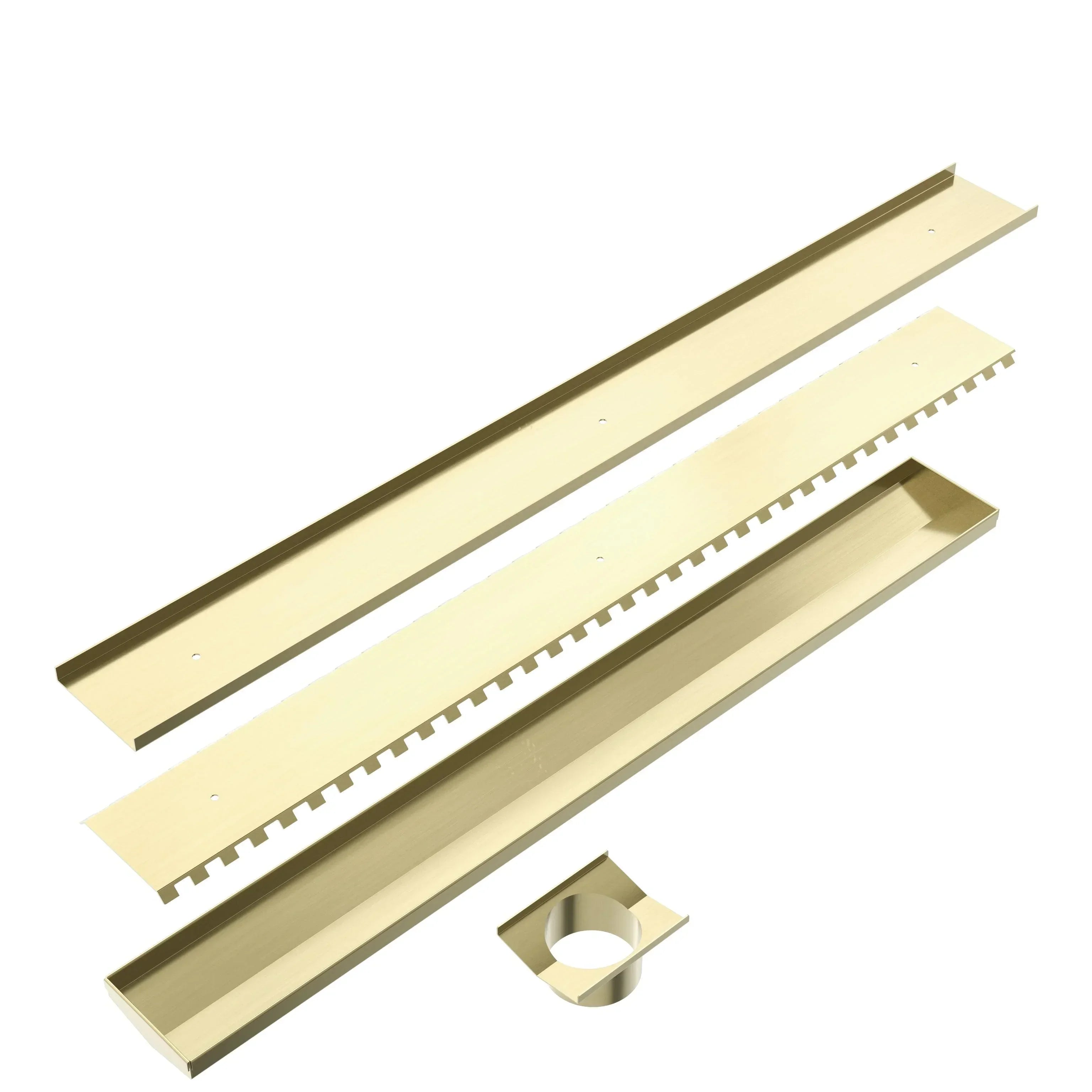 NERO TILE INSERT V CHANNEL FLOOR GRATE 89MM OUTLET WITHOUT OUTLET AND HOLE SAW BRUSHED GOLD