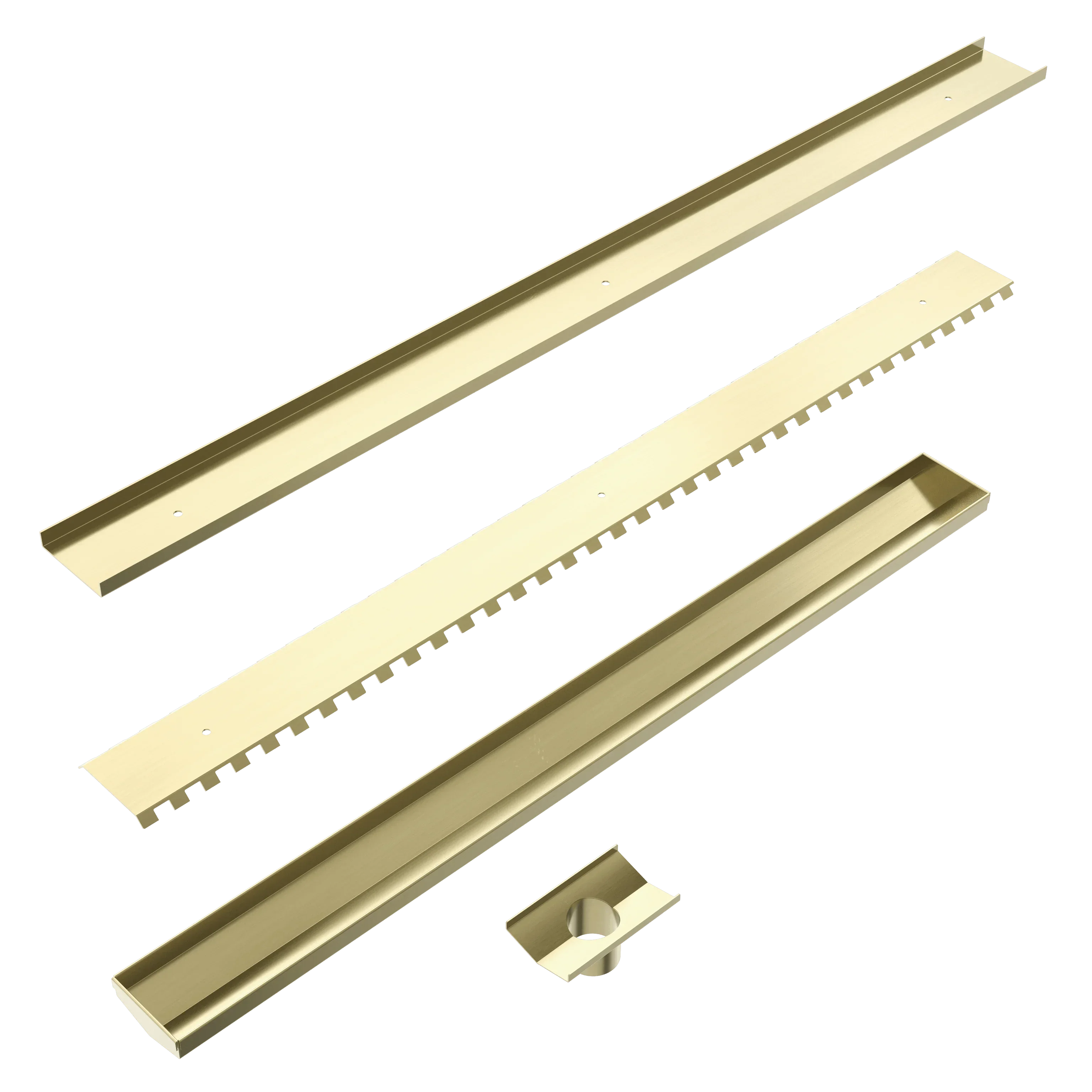 NERO TILE INSERT V CHANNEL FLOOR GRATE 50MM OUTLET WITHOUT OUTLET AND HOLE SAW BRUSHED GOLD
