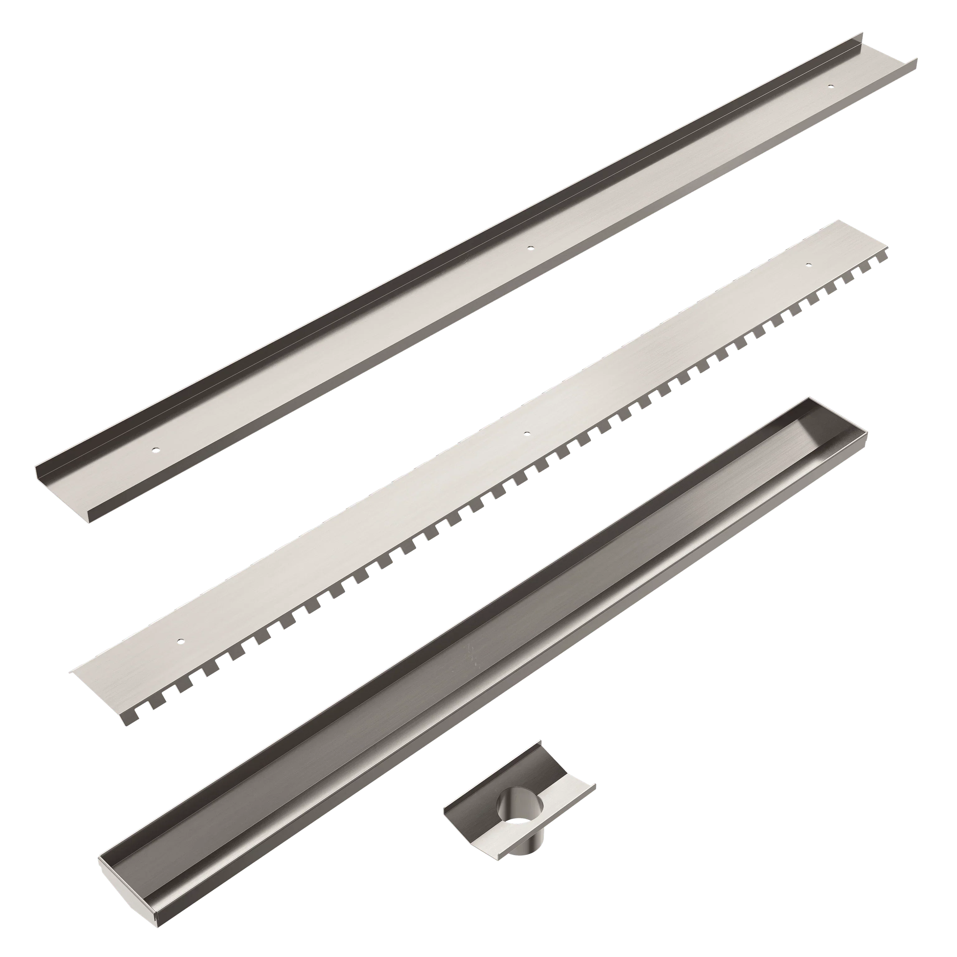 NERO TILE INSERT V CHANNEL FLOOR GRATE 50MM OUTLET WITHOUT OUTLET AND HOLE SAW BRUSHED NICKEL
