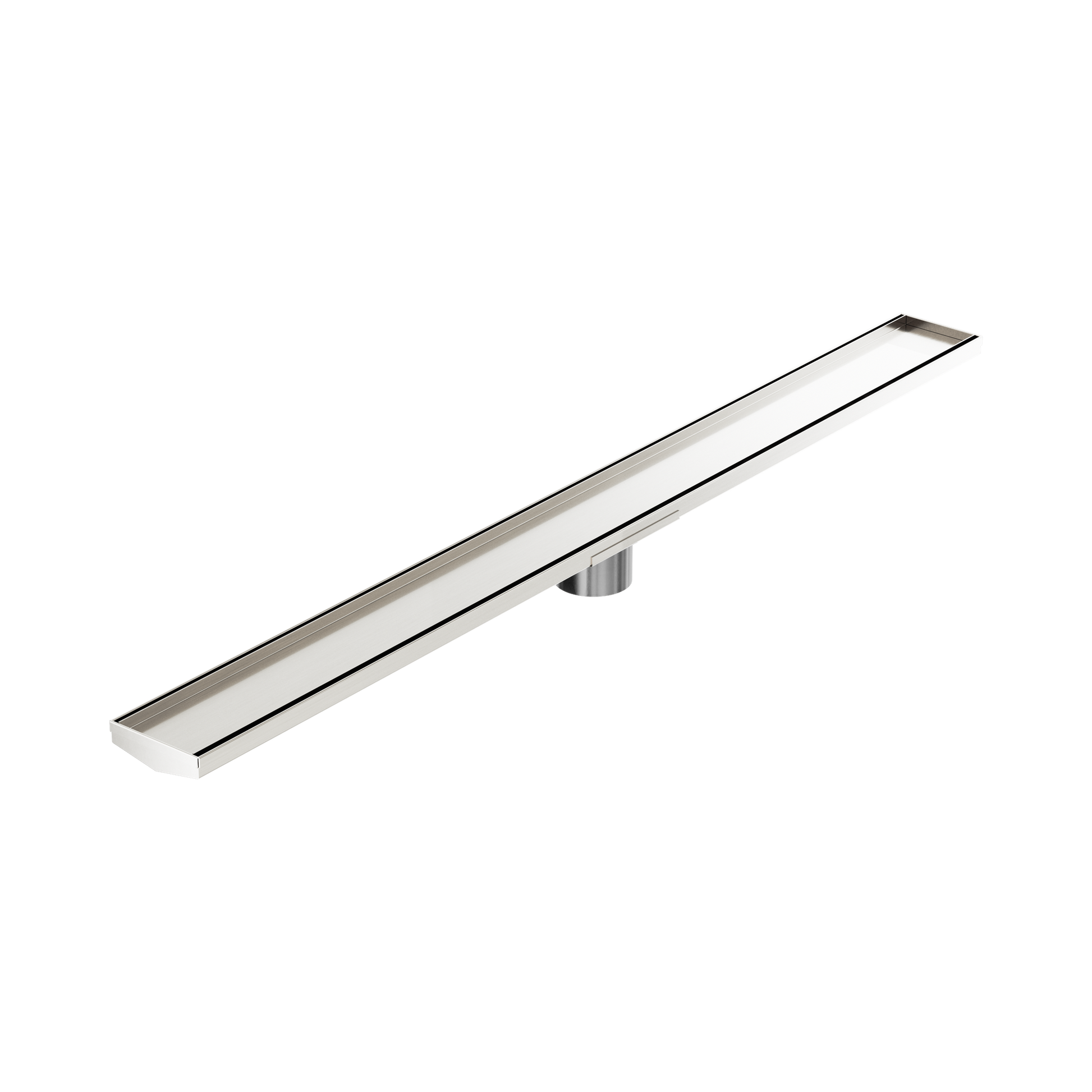 Nero Tile Insert V Channel 1200x106mm Floor Grate 80mm Outlet, Brushed Nickel