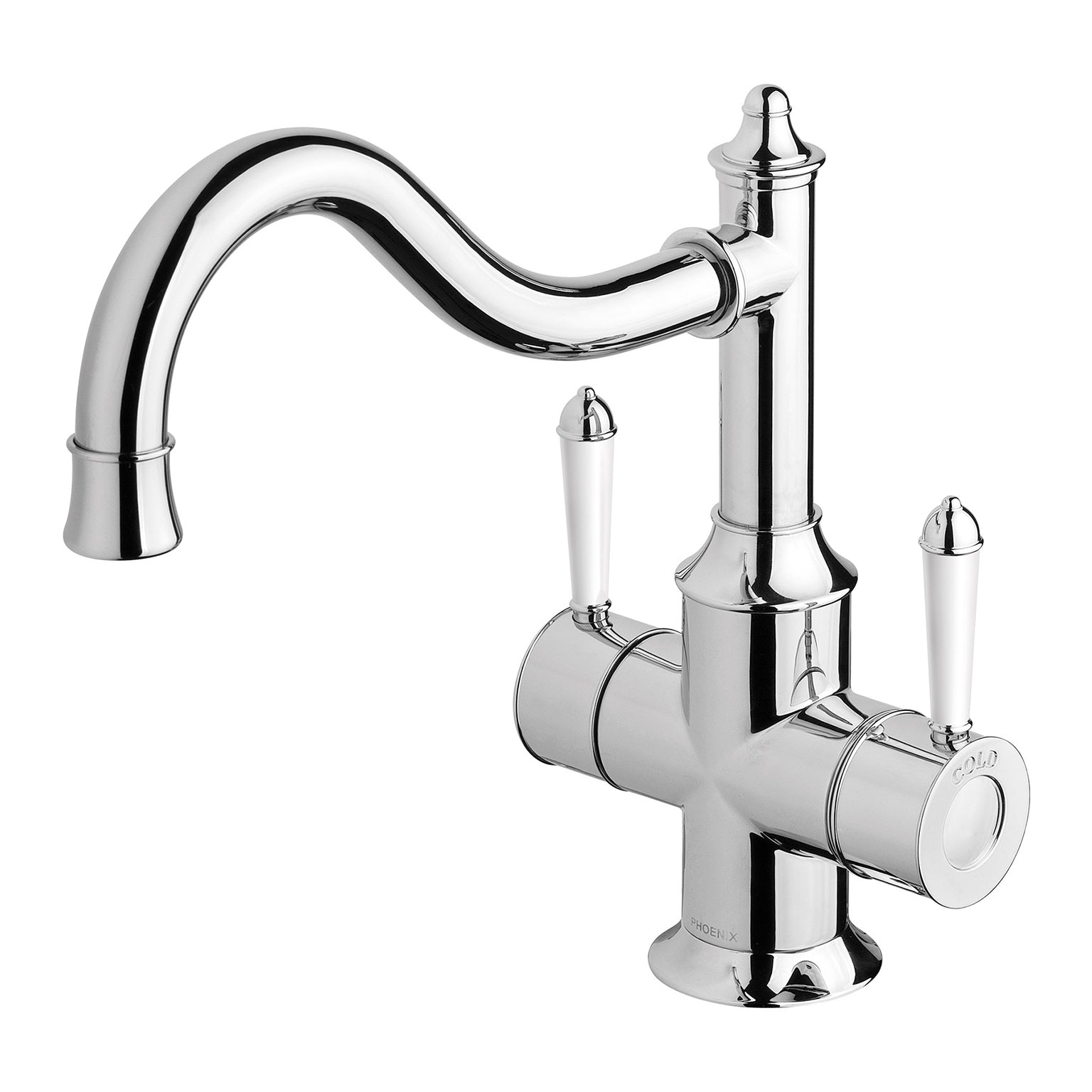 Phoenix Nostalgia Twin Handle Sink Mixer 230mm Shepherds Crook, Chrome/White