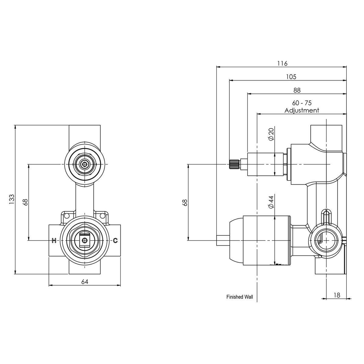 Phoenix Builders diverter mixer body dimension drawing — millimetres