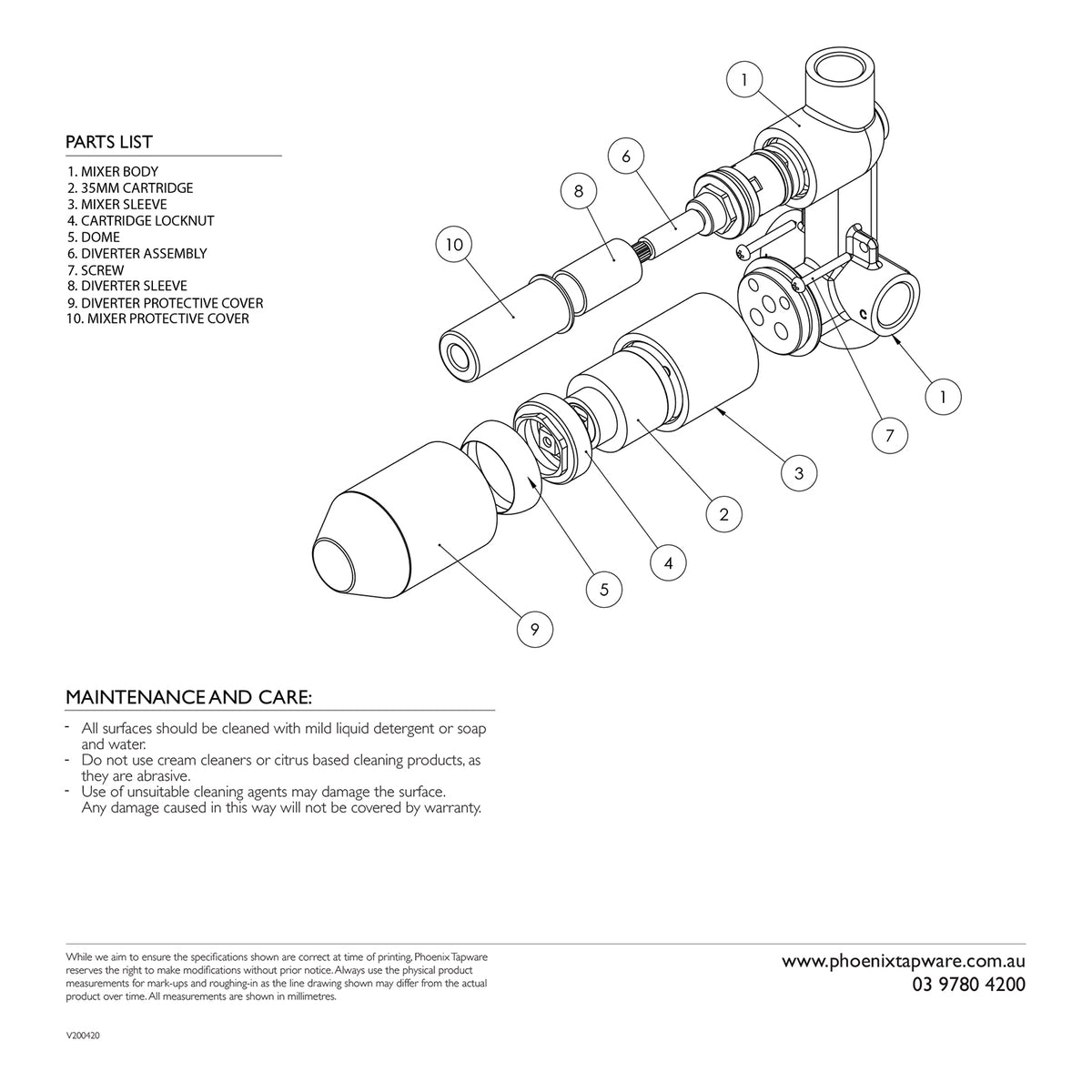 Phoenix Builders diverter mixer body parts diagram supplied for the lead-free model