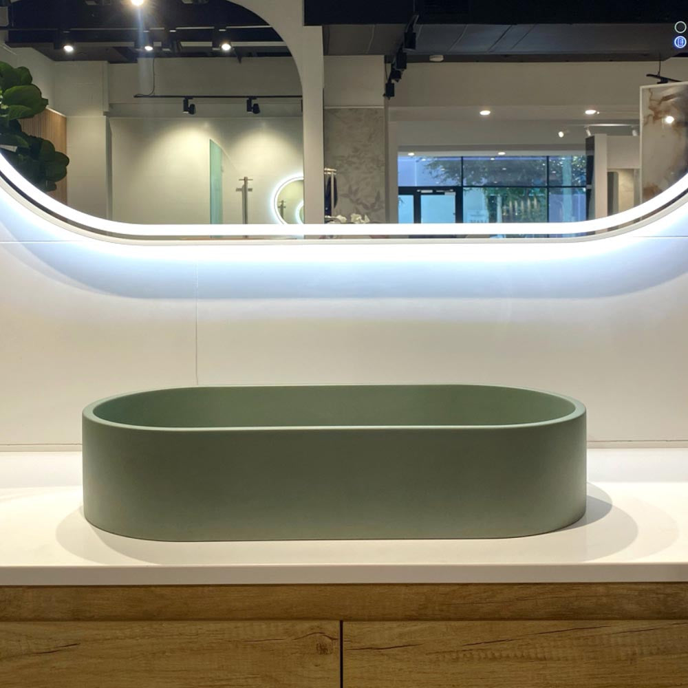Fienza Jada Concrete Pill Basin Above Counter 600 x 280 x 120mm Sage, Gloss White