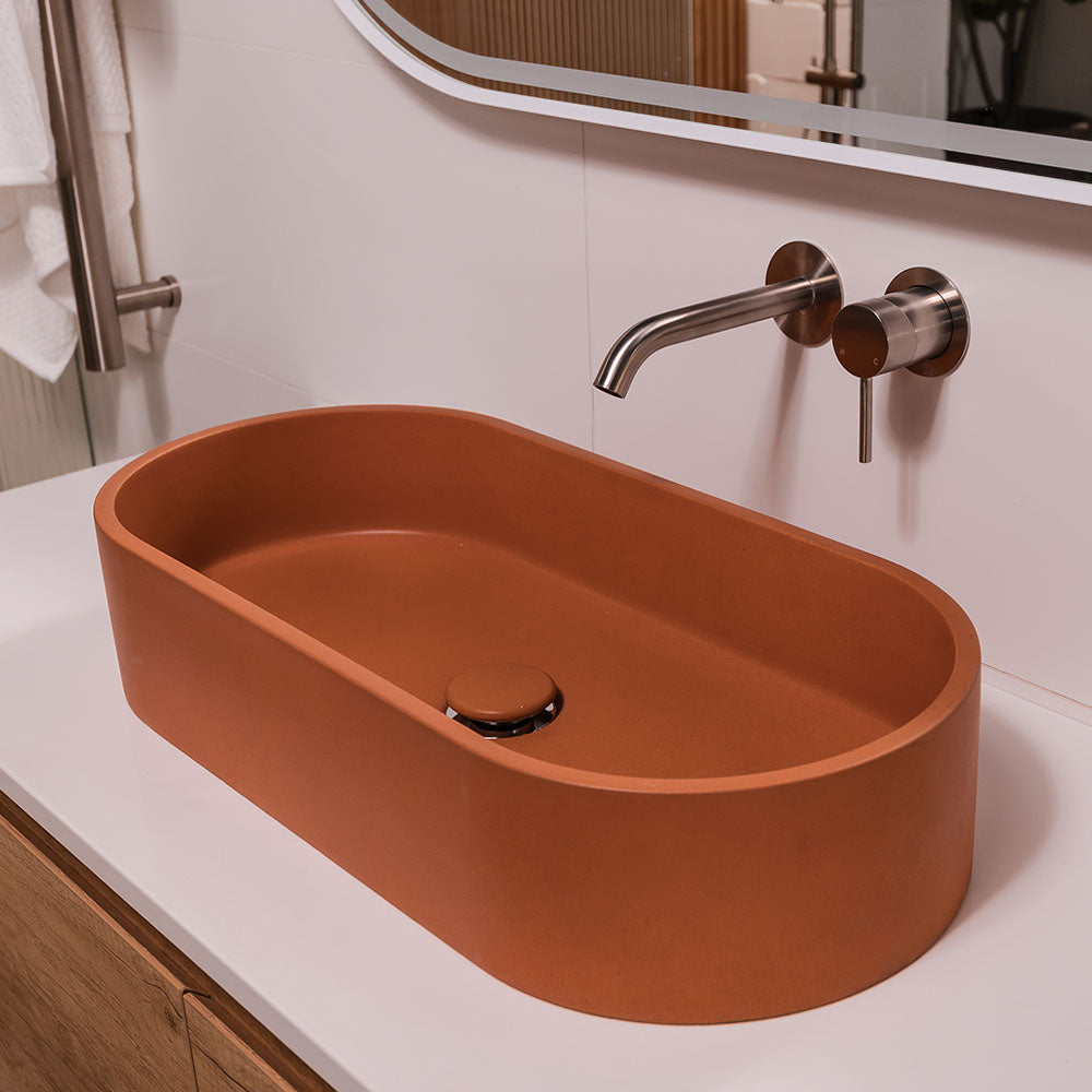 Fienza Jada Concrete Pill Basin Above Counter 600 x 280 x 120mm Tuscan, Gloss White