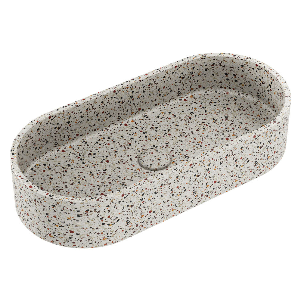Fienza Jada Concrete Pill Basin Above Counter 600 x 280 x 120mm Terrazzo, Gloss White