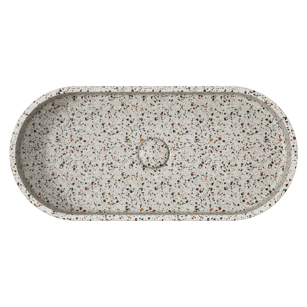Fienza Jada Concrete Pill Basin Above Counter 600 x 280 x 120mm Terrazzo, Gloss White