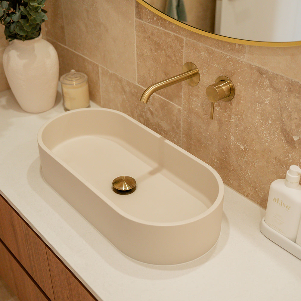 Fienza Jada Concrete Pill Basin Above Counter 600 x 280 x 120mm Warm, White