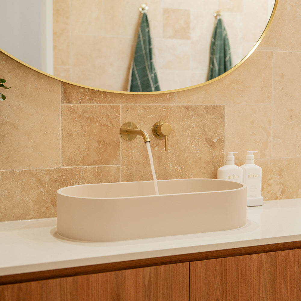 Fienza Jada Concrete Pill Basin Above Counter 600 x 280 x 120mm Warm, White
