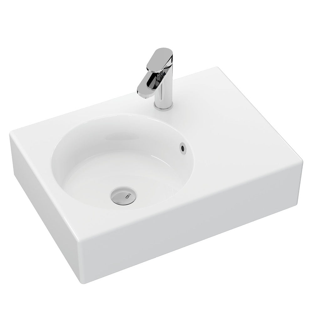 Fienza Reba Ceramic Wall Hung Basin Left Hand Bowl with Overflow 1TH 600 x 425 x 168mm, Gloss White