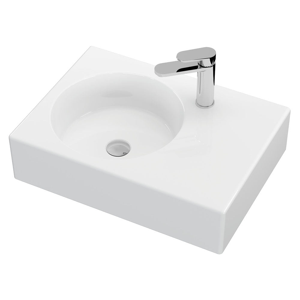 Fienza Reba Ceramic Wall Hung Basin Left Hand Bowl with Overflow 1TH 600 x 425 x 168mm, Gloss White
