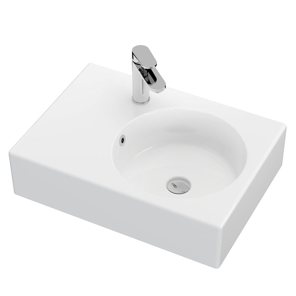 Fienza Reba Ceramic Wall Hung Basin Right Hand Bowl with Overflow 1TH 600 x 425 x 168mm, Gloss White