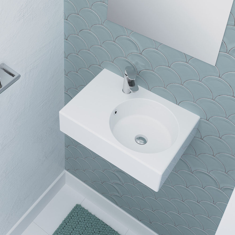 Fienza Reba Ceramic Wall Hung Basin Right Hand Bowl with Overflow 1TH 600 x 425 x 168mm, Gloss White