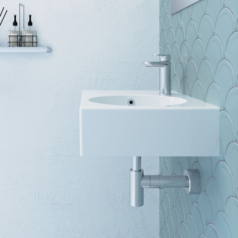 Fienza Reba Ceramic Wall Hung Basin Right Hand Bowl with Overflow 1TH 600 x 425 x 168mm, Gloss White