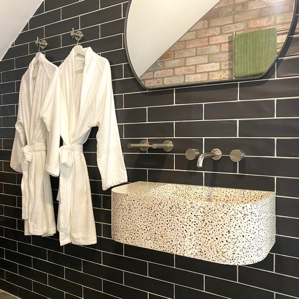Fienza Blanca Concrete Wall Hung Basin RH Bowl 650 x 300 x 200mm Terrazzo, Gloss White