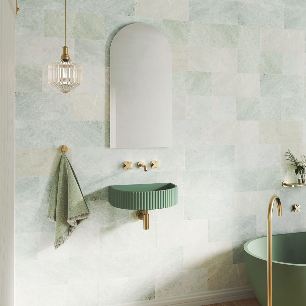 Fienza Valentina Concrete Fluted Arch Wall Basin 465 x 360 x 119mm Sage, Gloss White